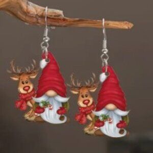 Red Gnome Wood Drop & Dangle Earrings Vibrant Cartoon Design Lightweight